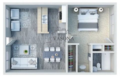 A top-down view of a room with a couch, a bed, and a desk.